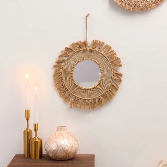 Rattan round mirror
